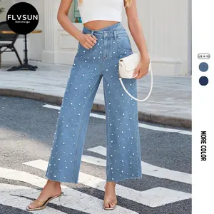 Flvsun-Women's High Waisted Wide Straight Leg Jeans Boyfriend Baggy Trendy Pearl Denim Pants Trousers Lrregular Waistband Pants All-Season Casual Wear, Pearl Design,Multi Pockets