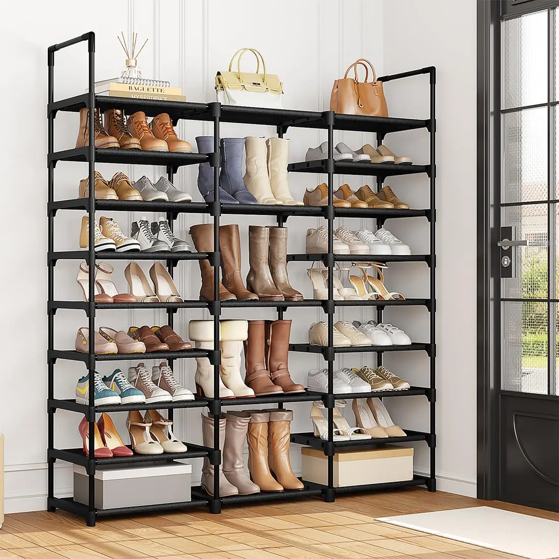 Shoe Rack Organizer Storage Non-Woven Shelf Holds Sturdy Dustproof Freestanding Closet Cabinet 9-Tier Entryway Garage Footwear Organization Shoe Storage For Closet