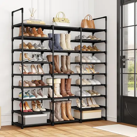SUOERNUO 9-Tier Freestanding Shoe Rack Organizer - Fabric Non-Woven Shelves, Metal Tube Support, Dustproof Freestanding Closet Cabinet, 11.81in Deep, Quick Setup, Removable Middle Tier, Sturdy Base, Waterproof Layer, Shoe Storage for Closet, Dormitory Use