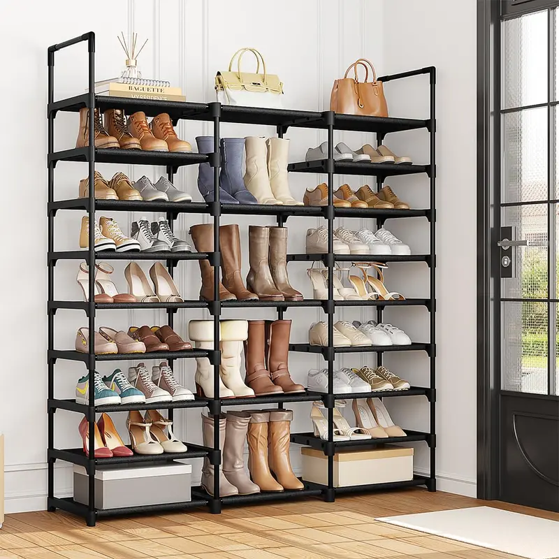 SUOERNUO 9-Tier Freestanding Shoe Rack Organizer - Fabric Non-Woven Shelves, Metal Tube Support, Dustproof Freestanding Closet Cabinet, 11.81in Deep, Quick Setup, Removable Middle Tier, Sturdy Base, Waterproof Layer, Shoe Storage for Closet, Dormitory Use