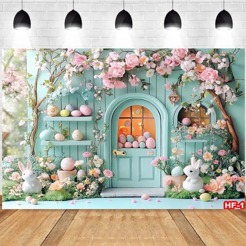 Photography Background Spring Easter Eggs Rabbit Floral Doorway Childlike Scene Easter Theme Party Photo Studio Backdrop