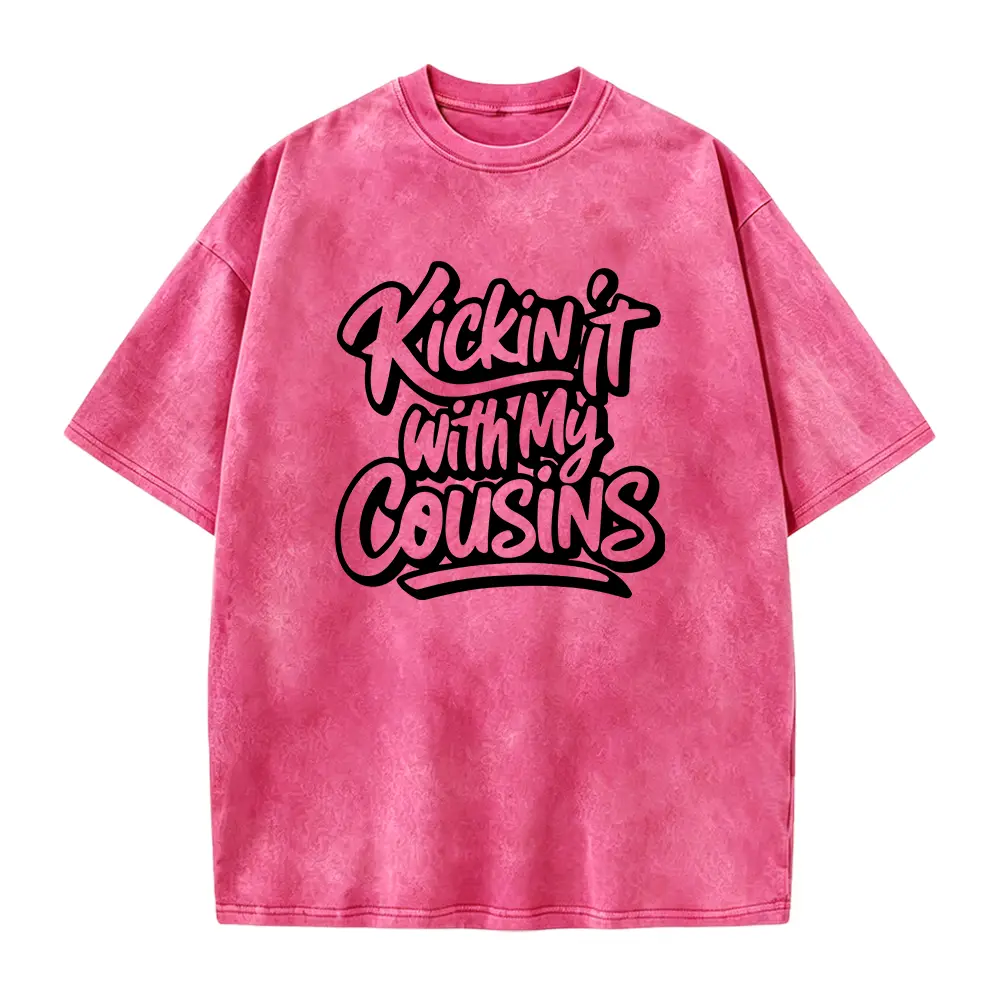 Retro Bubble Script Kickin It With My Cousins Graphic Tee, White Crew Neck Matching Family Short Sleeve Casual Summer Top