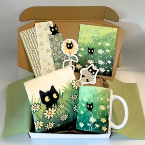 Cat Lover Gift Set For Cat Mom, Floral Black Cat Mug Tote Bag Bookmarks Stickers Card, Mothers Day Gift, Cozy Book Lover, Kawaii Kitten Box