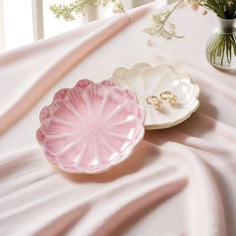 Set of 2 Sunflower-Shaped Jewelry Trays, Elegant Small Item Storage Dishes, Ceramic Material Jewellery Organizer Plates, Decoration Plate, Home Storage, Irregular Shape, Plate Sets