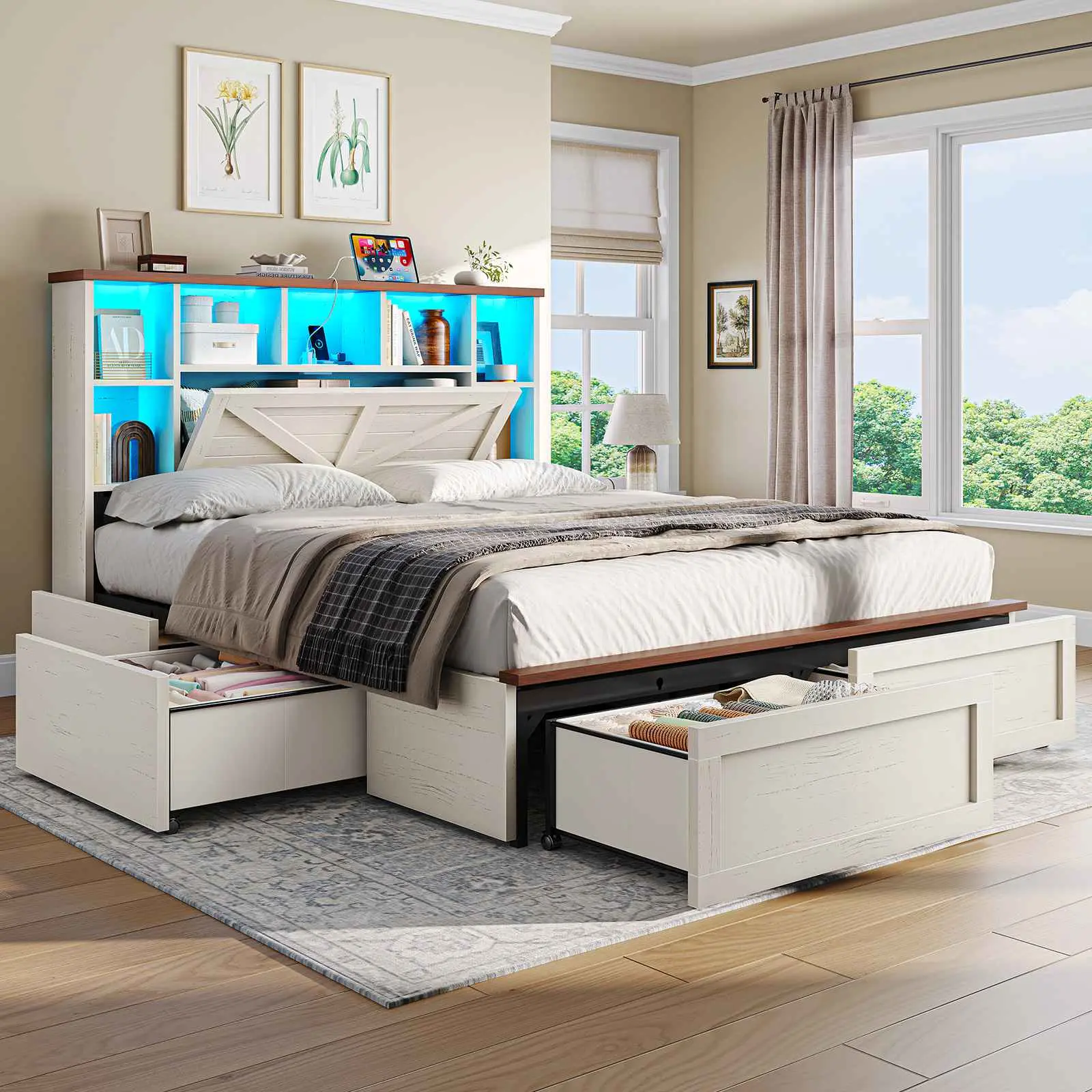 AOGLLATI Farmhouse Queen Bed Frame with 6 Storage Drawers and Charging Station LED Bed Frame with 3-Tier Storage Bookcase Headboard with Hidden Storage