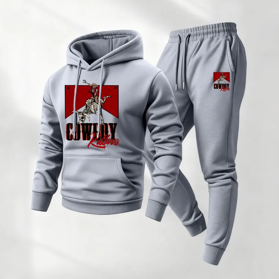 Men's 2-Piece Loose-Fitting Long-Sleeve Cowboy Killer Print Tracksuit - Soft Polyester Hoodie, Drawstring Men's Baggy Sweatpants, Casual Athletic Fall Winter Wear