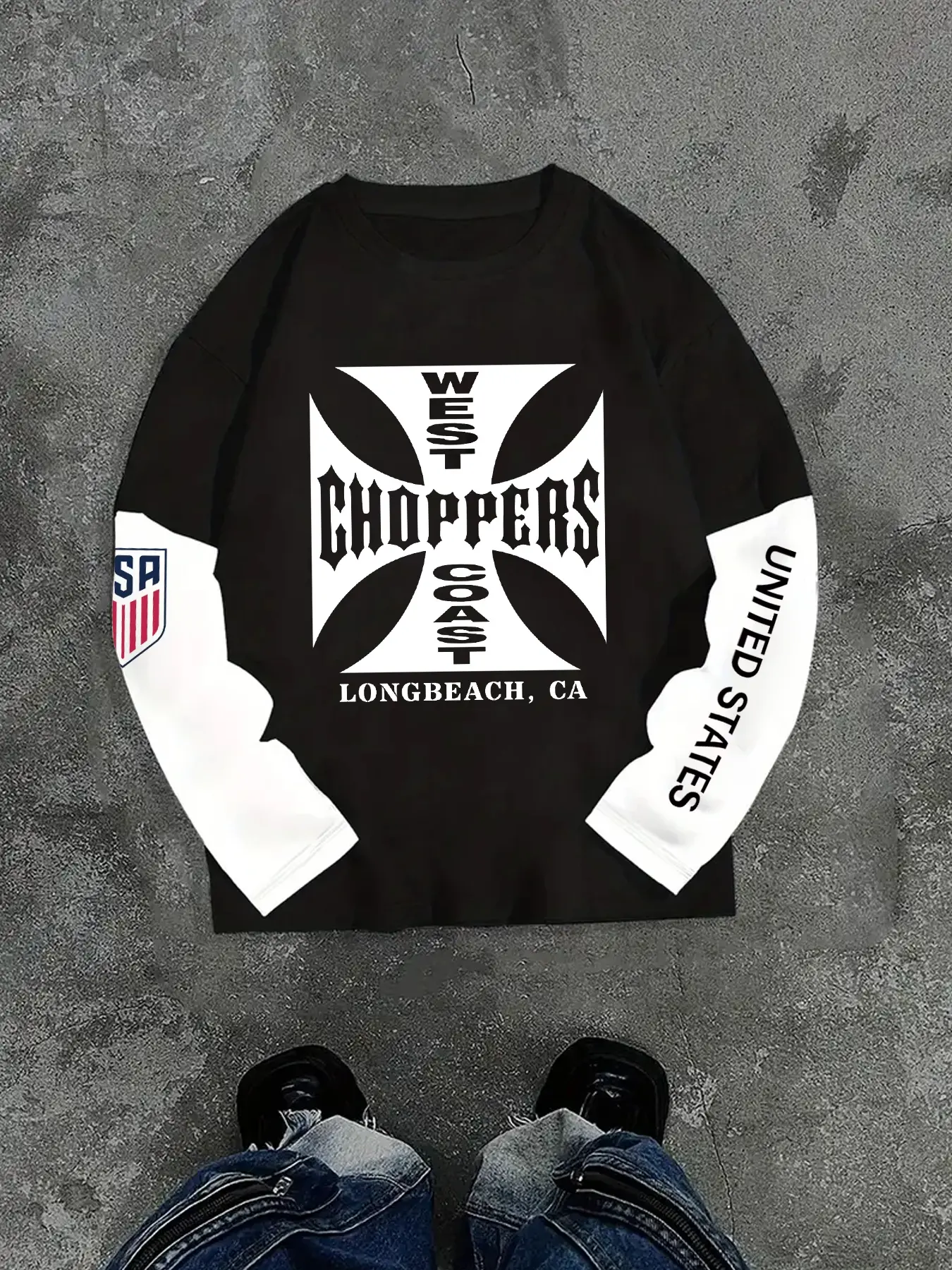 Men's American Biker Long Sleeve Fitted Knit T-Shirt, West Choppers Cross Print, California Long Beach Usa Patch, Street Style Casual Top, Streetwear, Casual Chic Knitwear