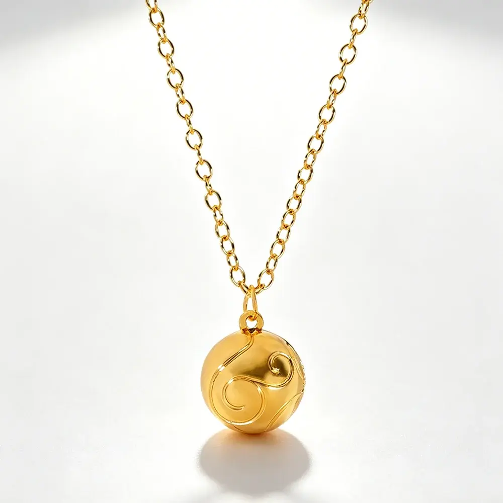 Gold Plated Spherical Pendant Necklace, Embossed Auspicious Cloud Pattern Round Ball Neck Chain, Jewelry Gift for Men Women