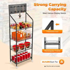 4 Tiers Baskets Adjustable Rolling Display Snack Rack Freestanding Stand Holder Organiser