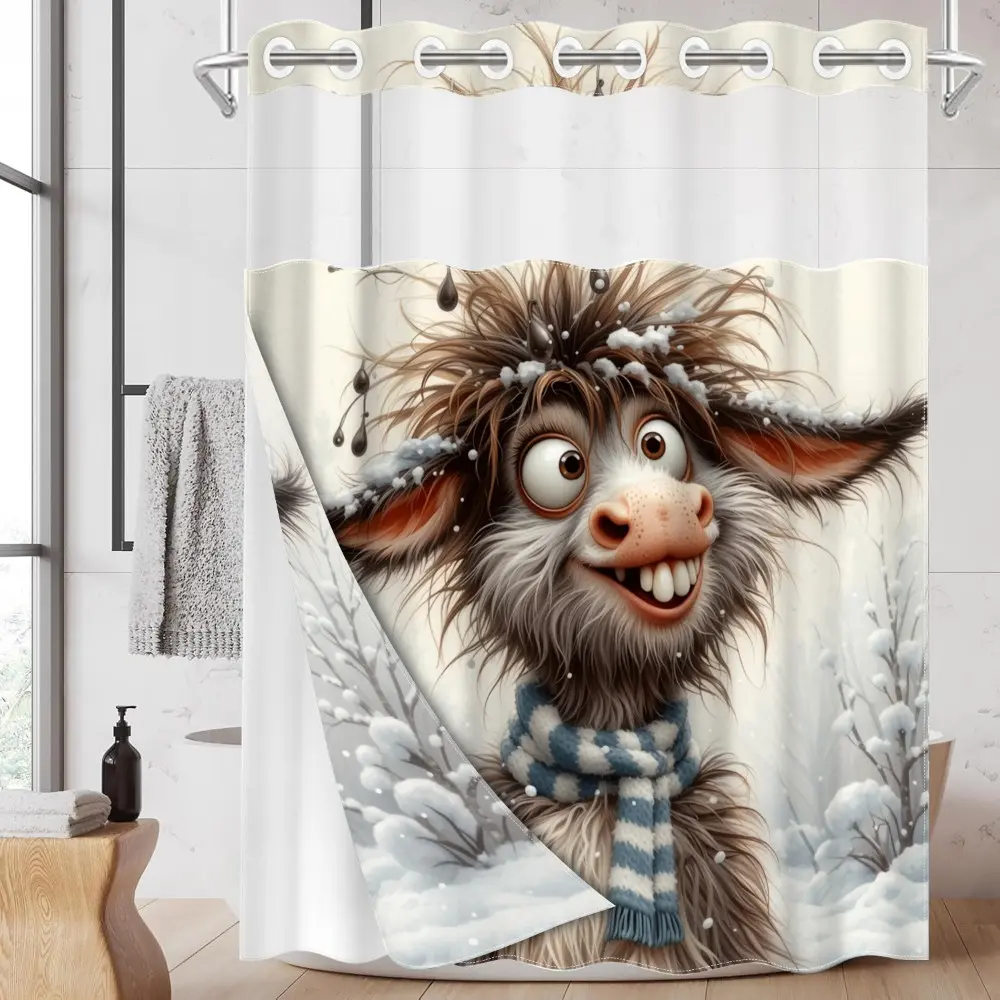 1PC/4PCS 2D Flat Printing Winter Joy: Brown - Gray Snowman with Scarf Patterned shower curtain, home bathroom decor, shower curtain set with 12 hooks, non-slip bathroom rug, U-shaped toilet seat cover, toilet seat mat, Shower Rods