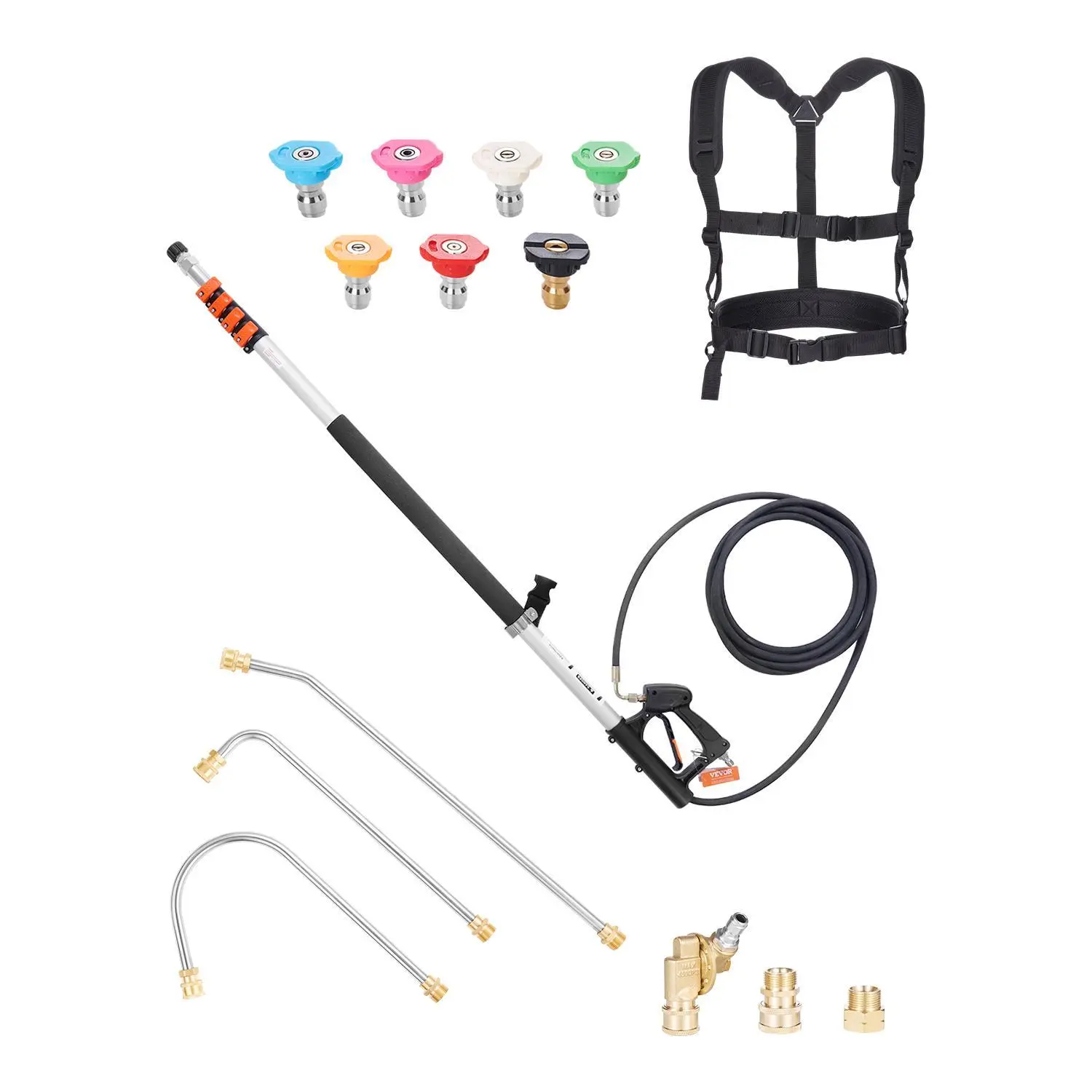 【SummerFinds】VEVOR Pressure Washer Telescoping Wand,  , 21 ft, 4000 psi, Telescopic Spray Wand with Power Washer Extension Wands, Gutter Cleaner, Pivoting Coupler, 7 Spray Nozzle Tips and Adjustable Support Harness