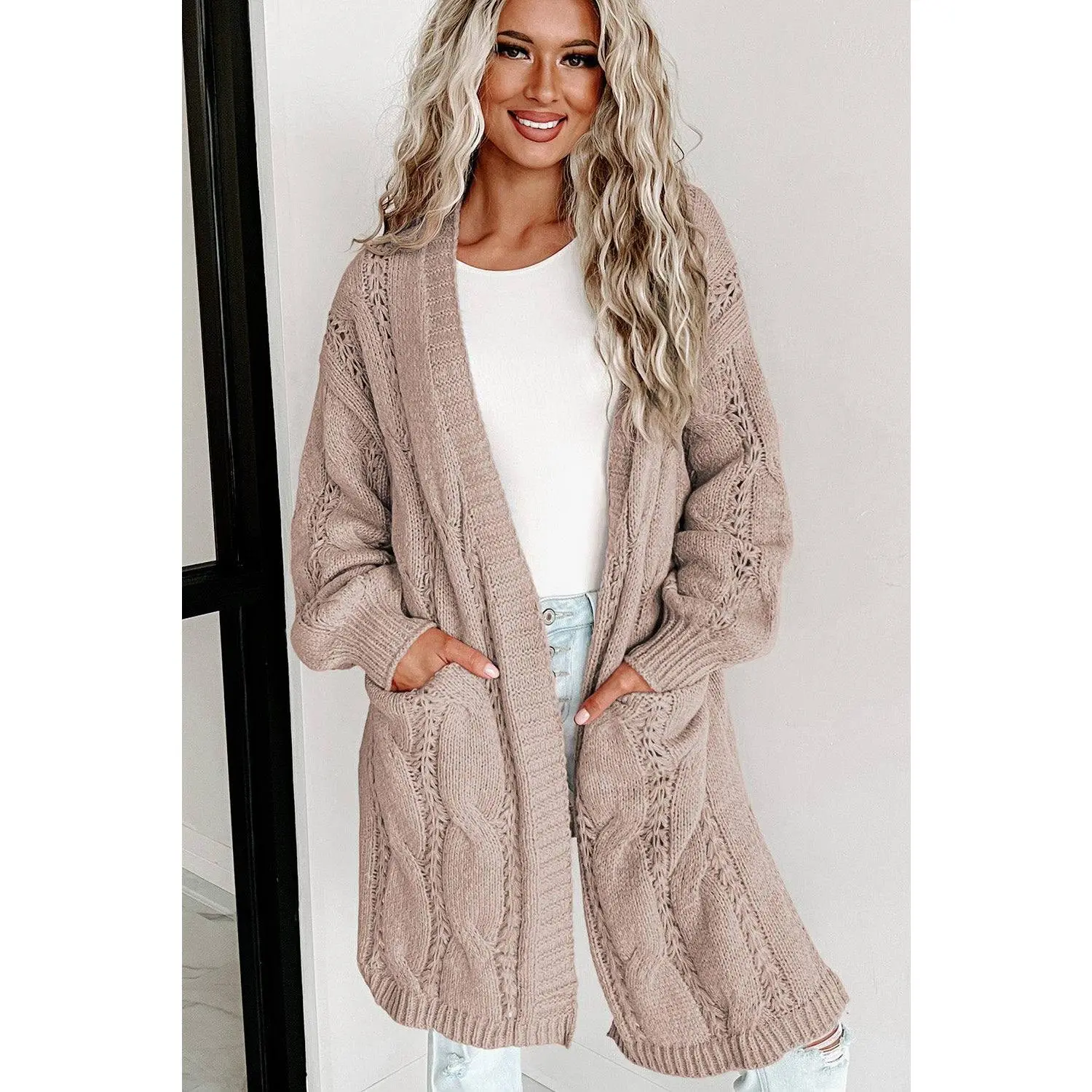 Snuggle Me Cable-Knit Dropped Shoulder Cardigan