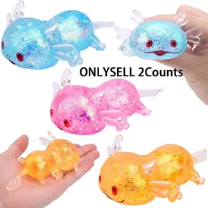 Glitter Axolotl Design Squishy Toy, Kawaii Squishies, Glittery Squishies, 2 Counts/set Stress Relief Toy, Squeeze Toy for Kids & Adults, Hand Squeeze Fidget Toy