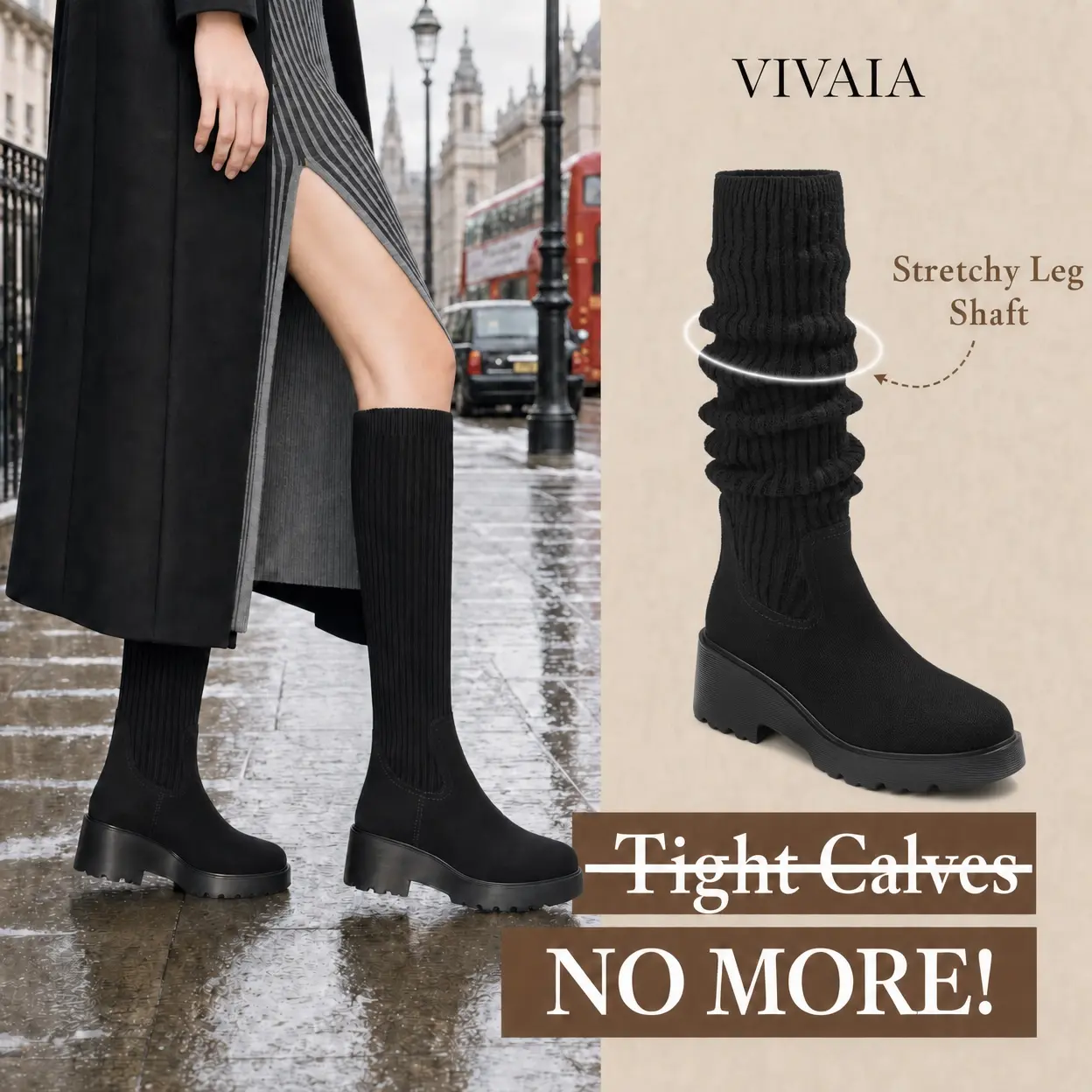VIVAIA Women's Eduarda Knee-High Platform Boots, Walkable Chunky Wedge Heel in Stretchy, Water-Repellent Wool, Shoe, Platform Heels, Walking Shoes, Casual Shoes