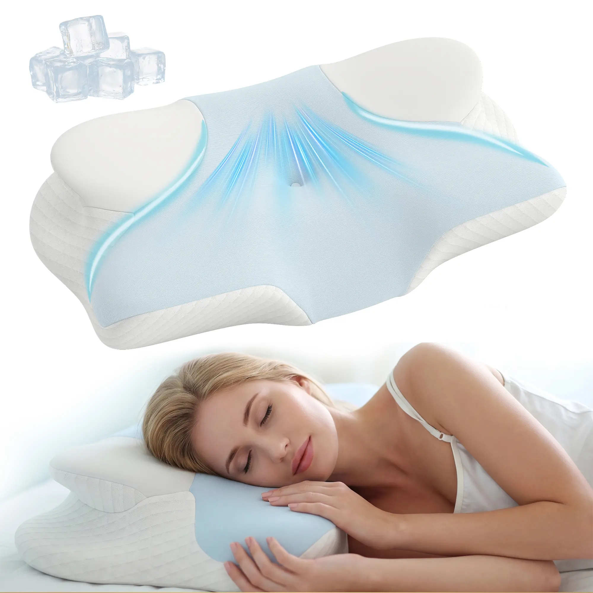 Cervical Cooling Memory Foam Pillow 1pcs for Neck Pain Relief, Ice Silk Breathable Ergonomic Orthopedic Contour Pillow, Multi Zone Butterfly Support Bed Pillow for Side Back Stomach Sleepers