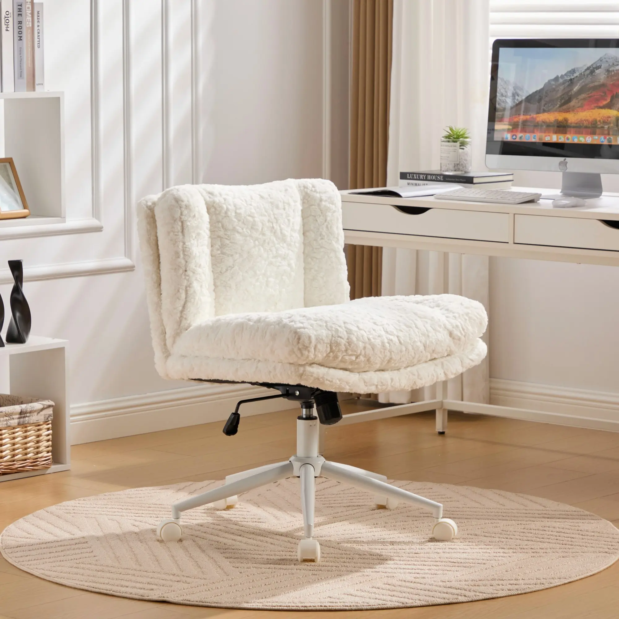 Wider Seat Office Chair,Artificial rabbit hair Home Office Chair with Metal Base,Adjustable Desk Chair Swivel Office Chair,Vanity Chair