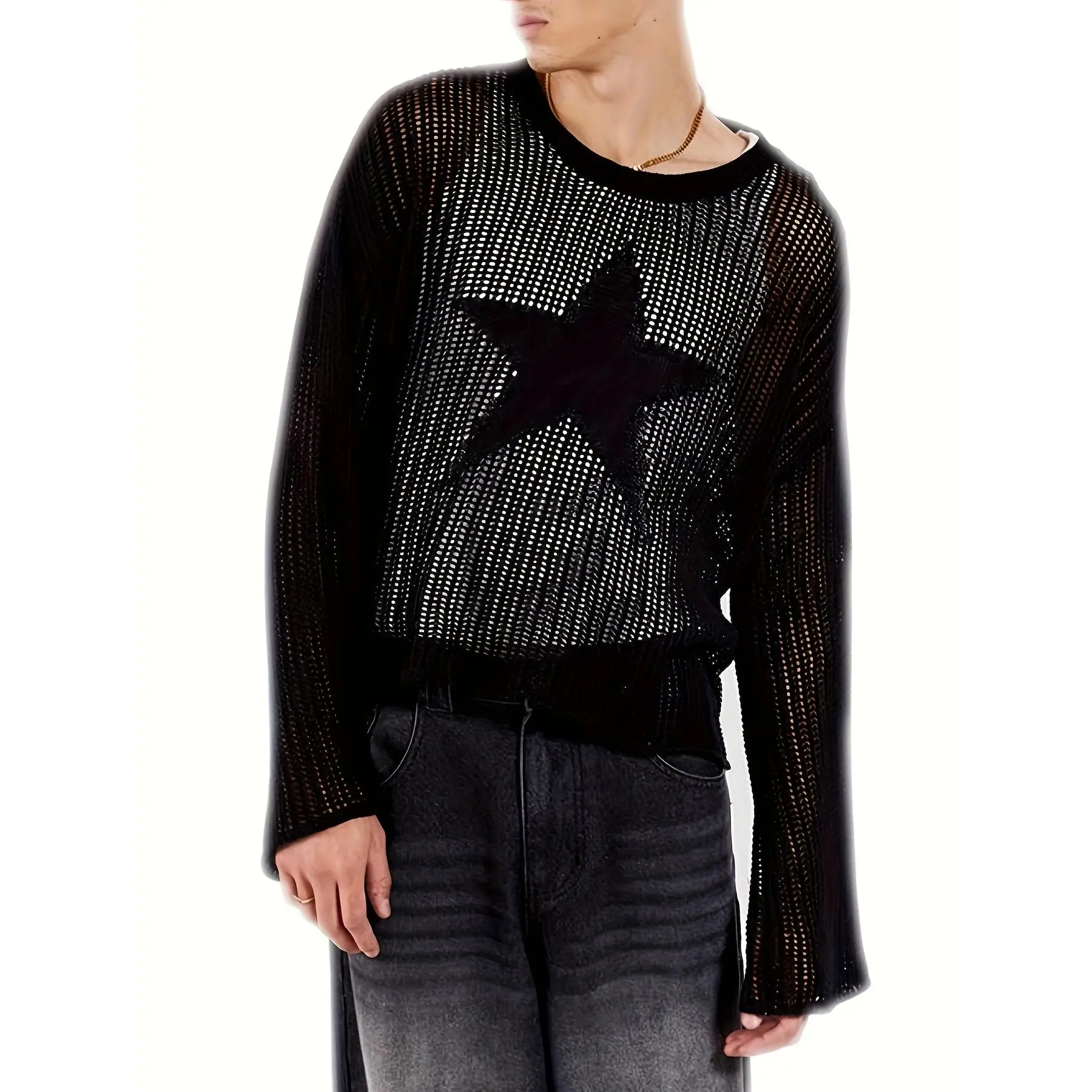 Plus Size Menswear Knitwear Tops - 6XL Longsleeves Star Pattern Pullover Sweater, Casual Hollow-Out Design, Round Neck, Acrylic Fabric, Machine Washable, Breathable for Spring/Summer