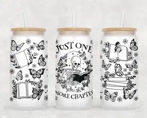 Just One More Chapter Tumbler 16oz Hand Wash Only Glass Can Tumbler for Book Lovers with Skeleton and Butterfly Design