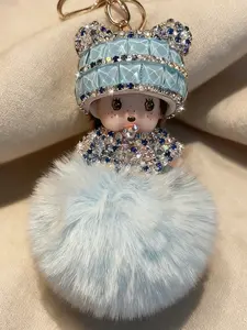 High-Quality Plush Monchichi Keychain, Macaron Color, Personalized Bag Charm, Multifunctional Handmade Rhinestone Keychain, Women and Kids,Valentine's Day,lovers, Soft Pompom Keychain