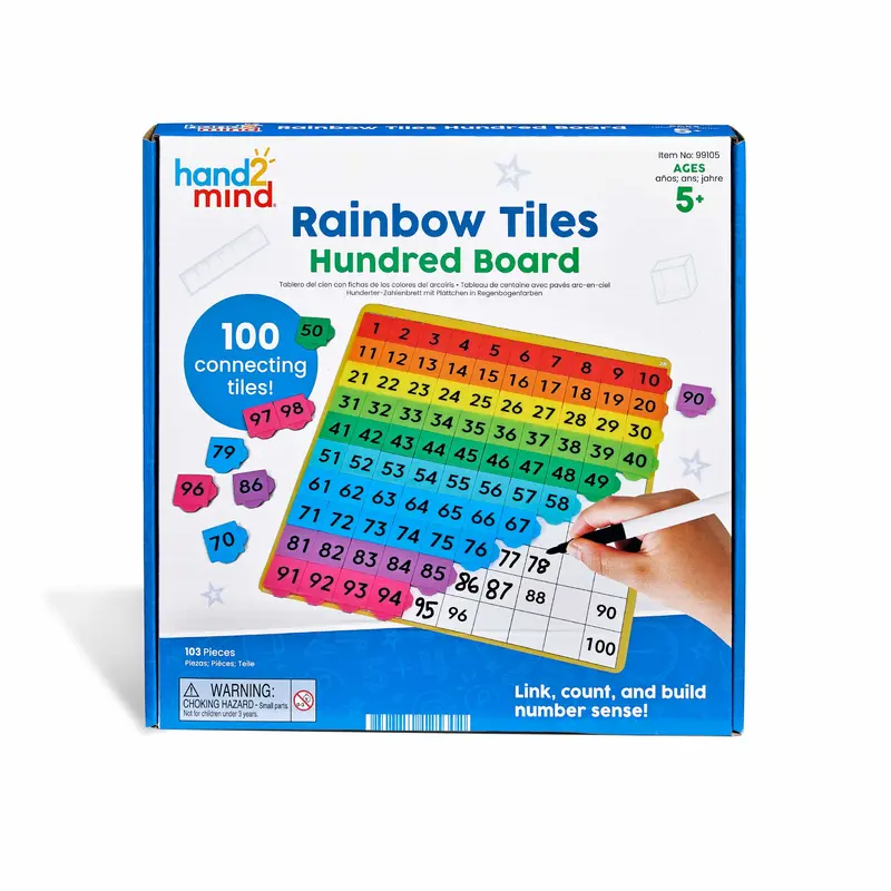 hand2mind Rainbow Tiles Hundred Board, Number and Counting Toys, Ages 5+ | 1-100 Number Chart, Counting Manipulatives, Montessori Learning Materials, Math Manipulatives for Elementary School
