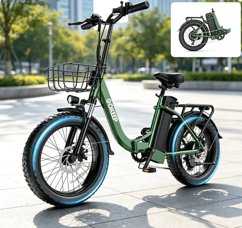 20 Inch Folding Fat Tire Electric Bike for Adults, Step Through Foldable Ebike with Front Basket & Rear Rack, Removable Battery Electric Bicycle, Heavy Duty Commuter E-Bike