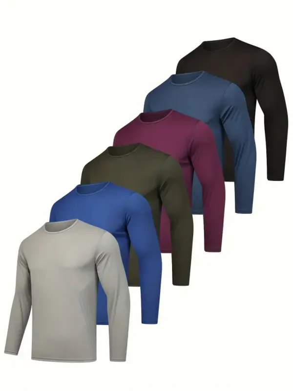 MTTYYD Men's 6 Pack Long Sleeve T-Shirts, Quick-Dry Polyester Crew Neck Athletic Workout Shirts for Running & Hiking, Polyester Clothes, Hiking / Light Outdoor