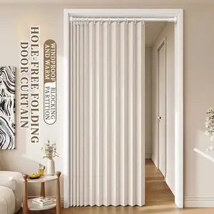 Fashion Folding Door Curtain with Vertical Stripes, Versatile for Various Scenarios, Windproof and Insulating, Easy Storage with Hooks