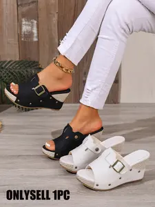 Women's Summer New Thick Sole Wedge Sandals, Open Toe Backless Fabric Slip-On Slippers, Casual Platform Sandals, Casual Comfortable Shoes for Women, Casual Summer Footwear