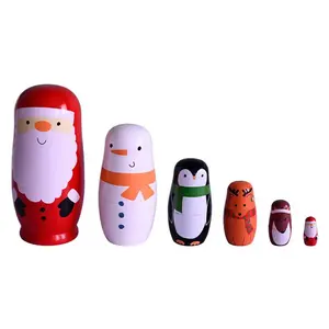 6 pieces of Russian-style matryoshka doll wooden painted handcrafted children's Christmas holiday gifts, winter cartoon trinkets, Children's Day gifts