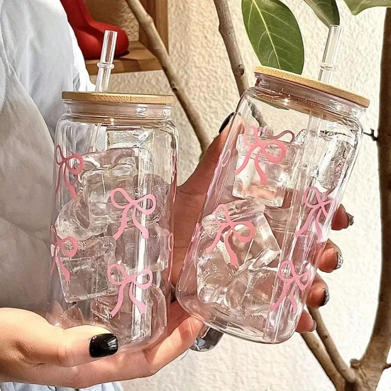2 Butterfly Print Water Cups with Lid and Straw, 16oz Ice Coffee Mug, Tea Juice Milk Gift, Office Restaurant Classroom Picnic Party Use, Clear Water Tumblers