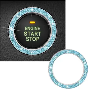 Bling Crystal Double Rhinestone Car Engine Start Decoration Ring, Sparkling Push Start Button Sticker, Key Ignition & Knob Ring Decoration, Bling Car Interior Accessory (Lake Blue)