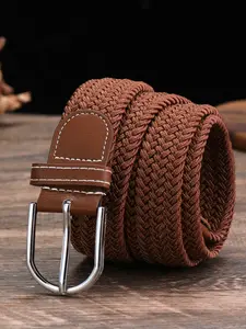 1 piece of elastic woven belt, casual and simple style, pin buckle design canvas belt, elastic and comfortable without constricting the waist, 110cm length, unisex, suitable for daily commuting and pairing with jeans