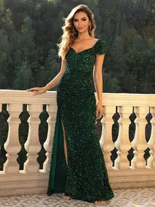 Women's Split Thigh Glitter Sequin Sweetheart Neck Bodycon Dress, Elegant Cap Sleeve Evening Party Gown Formal Dress for Banquet Performance, Elegant and Classy Formal Dresses, Summer Clothes Women for Christmas Valentine's Day Gift, Women's Clothing