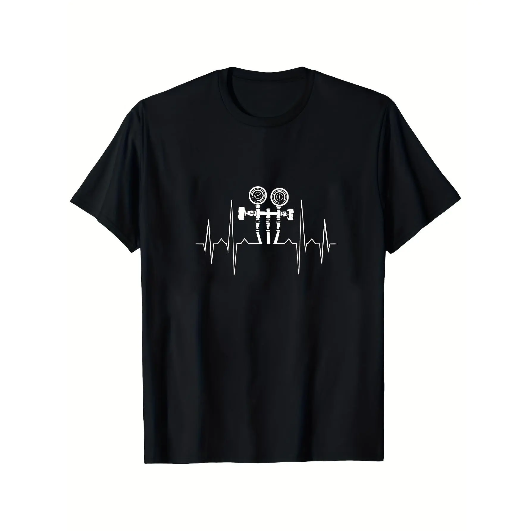 Men's HVAC Engineer EK Heartbeat T-Shirt - Plus Size Suitable for All Seasons, Casual Crew Neck Short Sleeve with EK & Engineer-Themed Heartbeat, Machine Washable for HVAC Technicians, Mechanics, Engineers