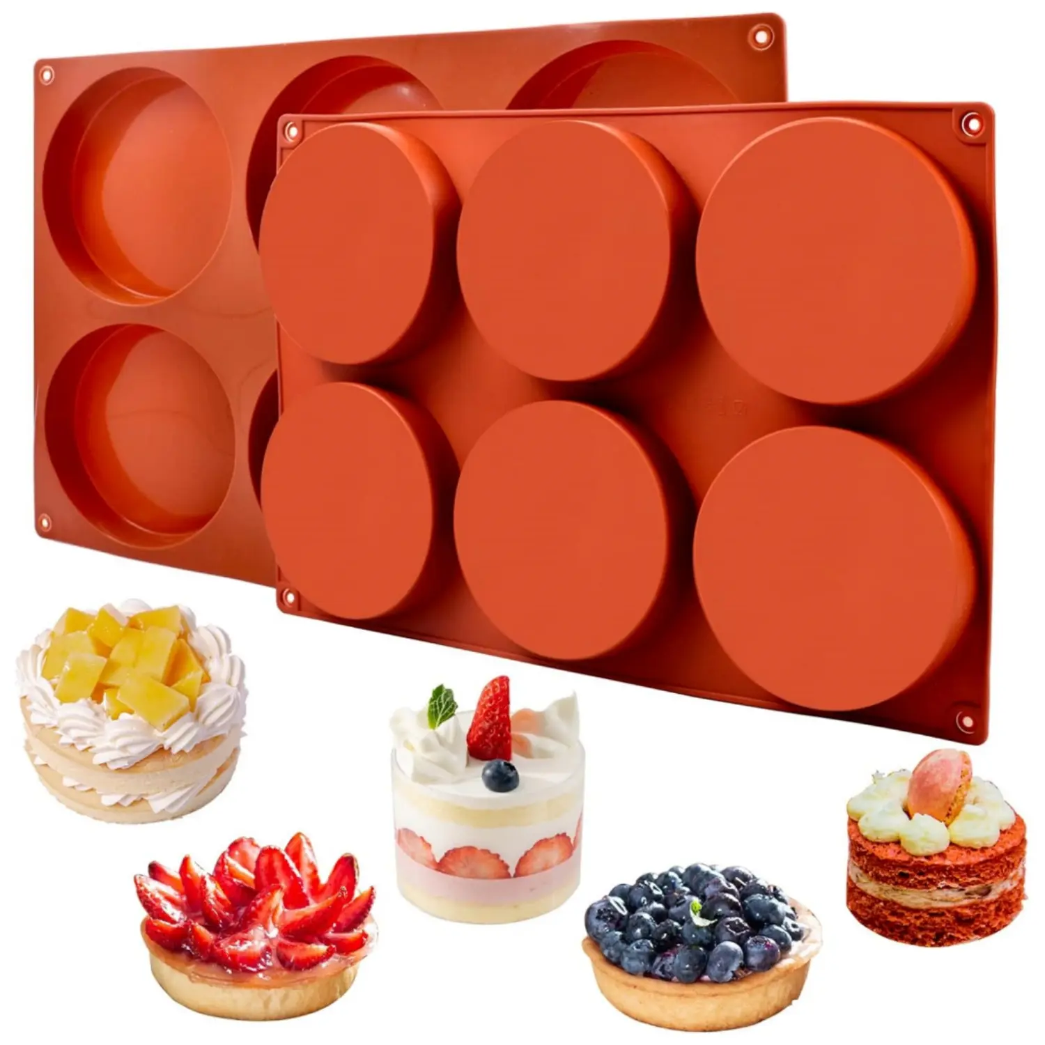 2PCS Large Silicone Molds for Baking Non-Stick 4 Inch 6-Cavity Round Silicone Baking Mold for Whoopie Pie Pan, Corn Bread, Candy, Eggs, Muffin, Soap