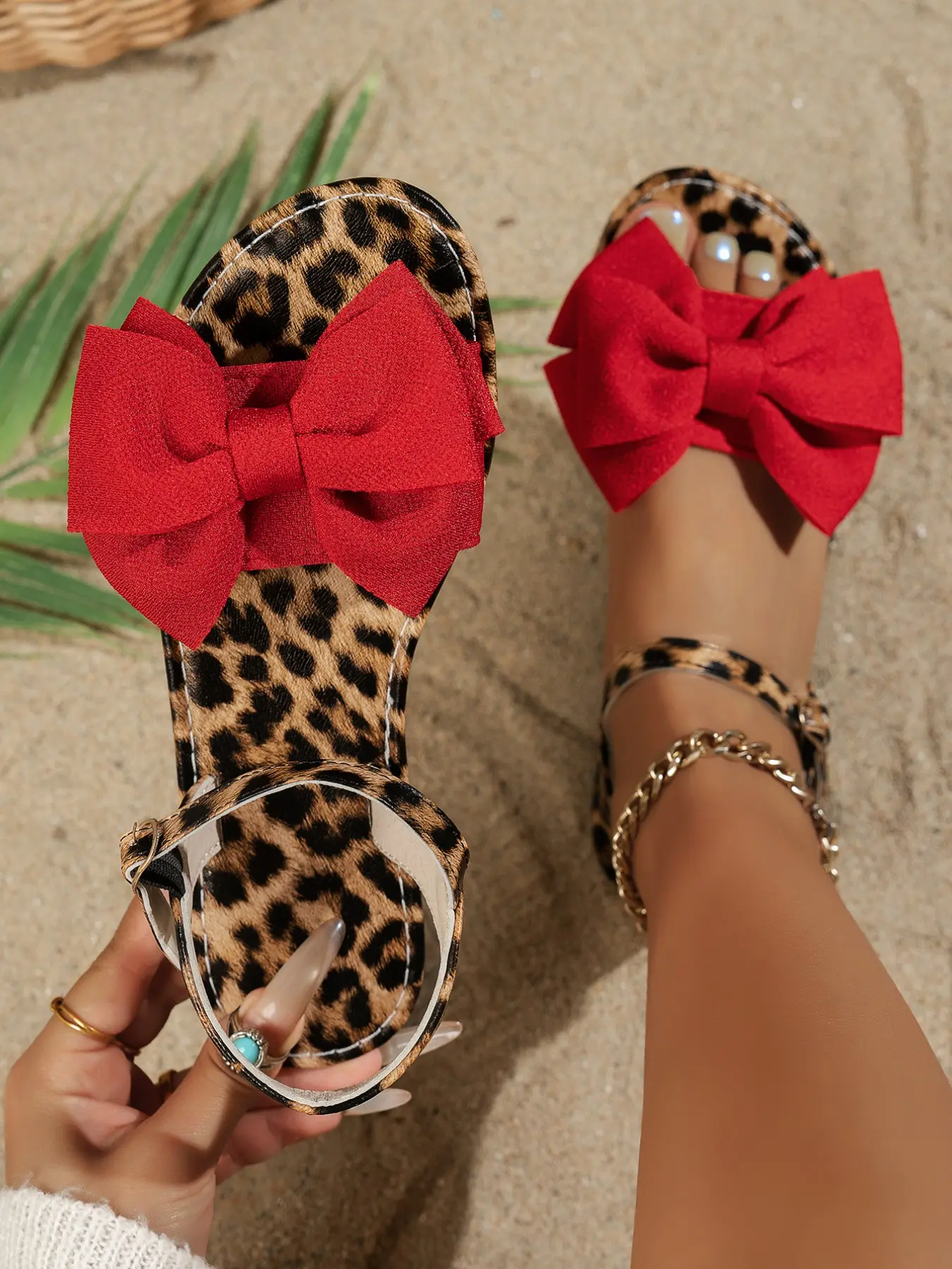 New Women's Bowknot Design Sandals with Leopard Print and Bow Design, Casual Round Toe Strappy Shoes, Medium Width, All Seasons, Textile Upper