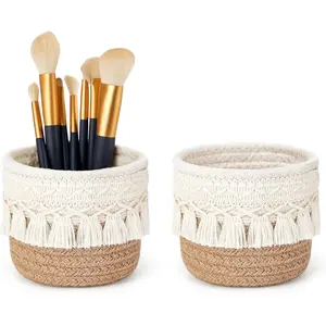 Macrame Makeup Brush Holder Organizer Comb Brushes Mini Storage Basket Boho Decor Baskets for Pen Pencil Box Container,Yellow and White
