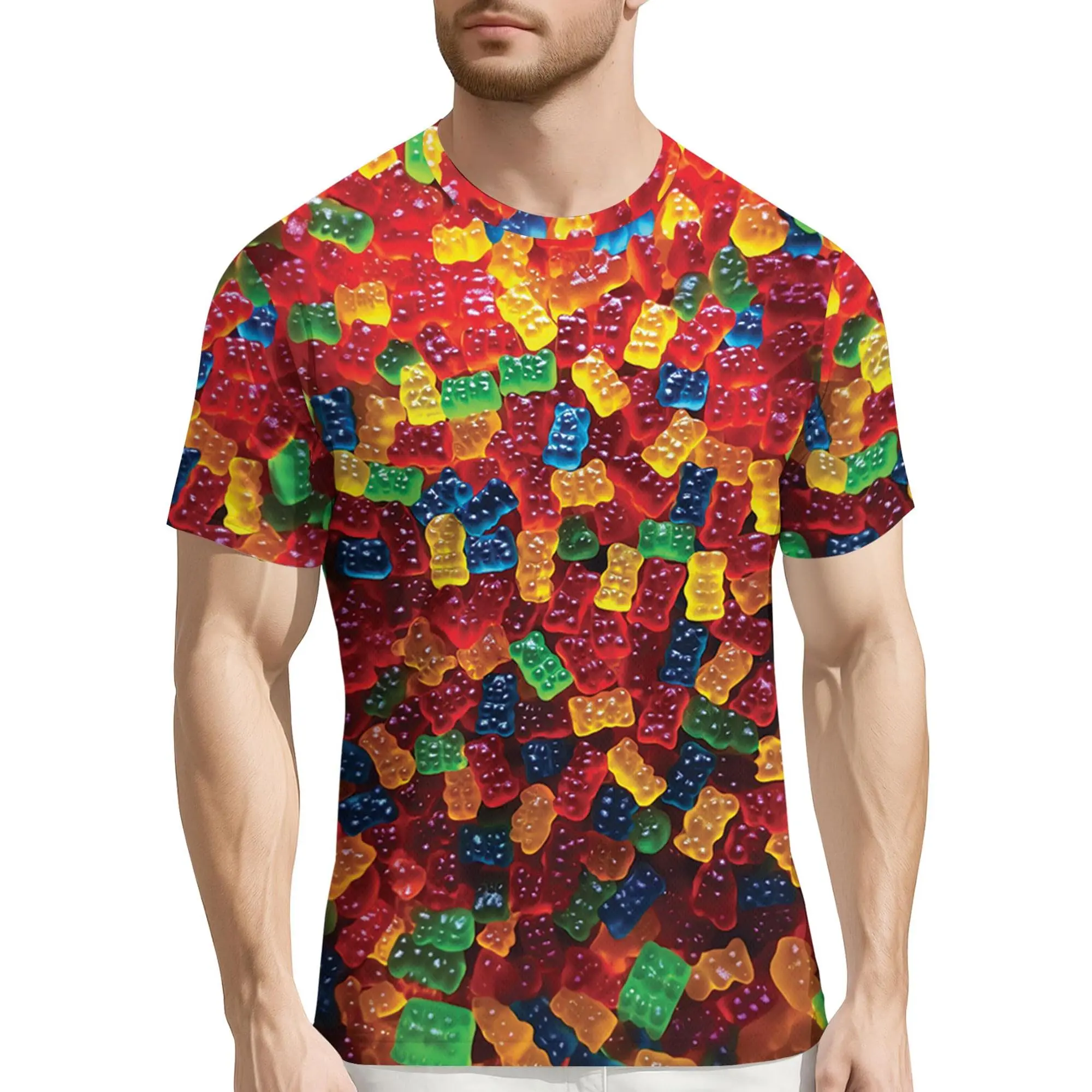Unisex Colorful Gummy Bear All-Over Print T-Shirt – Vibrant 3D Design, Ideal for Summer Parties, Casual Daily Wear, Festival Celebrations, and Fun Outings for Adults