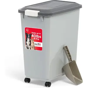 USA Dog Food Storage Container with Wheels, Airtight Lid, 2-Cup Scoop, Up to 40 Pounds Pet Food Storage, Built in Scoop Storage in Lid, Versatile Pet Food Bin, Portable, BPA Free, Gray/Dark Gray
