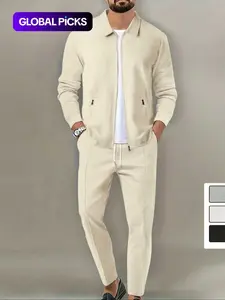Men's Solid Zip Up Jacket & Pants Two-piece Set, Casual Athleisure Long Sleeve Collar Outerwear & Trousers for Spring & Fall, Men's Two-piece Outfits for Gym Workout Running, Workout Running Clothes
