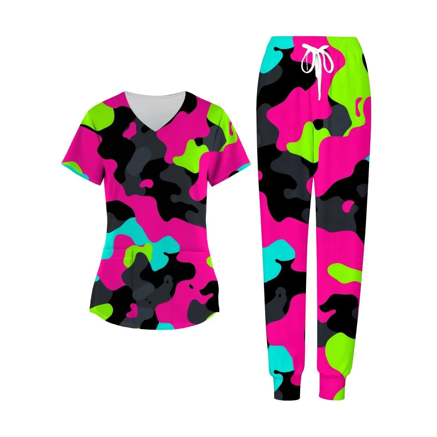 Women's Colorful Camouflage V-Neck Scrub Set with Pockets: Comfortable Nurse Uniform for Professionals
