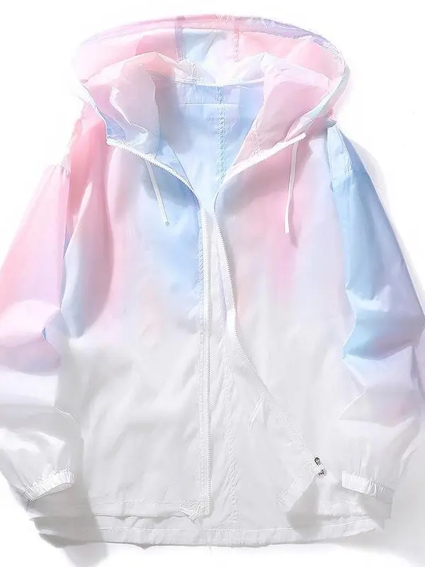 Women's Aesthetic Gradient Hooded Windbreaker - Lightweight Sun Protection Outerwear with Cuff Sleeves, Foldable for Travel & Beach Trips, Casual, Breathable