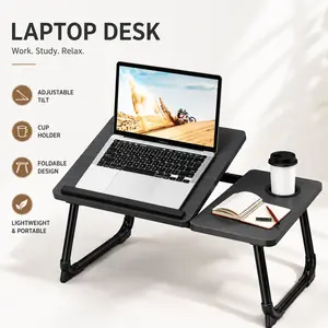 Adjustable Height Foldable Laptop Table - Portable Multifunctional Lap Desk for Home Office Study Reading, Sturdy & Wear-Resistant with Cup Holder, Space-Saving Compact Design