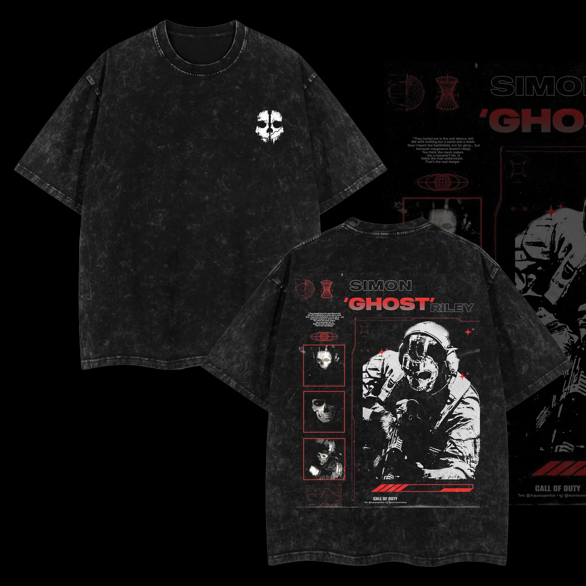 Ghost COD Double Printed Oversize Lightweight Acid Washed Tee Game Graphic T-Shirt for Men Casual Day Wear Cotton Fabric - Jeans Vintage Gaming Retro Black Tee Oversized Heavyweight Cotton T-Shirts Love Menswear