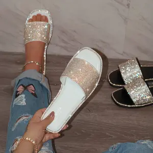 Medusa Wide Fit Embellished Slip-On Flat Sandals with Open Toe Strap Rhinestone Detailing for Summer Padded Insole Comfortable Casual Footwear