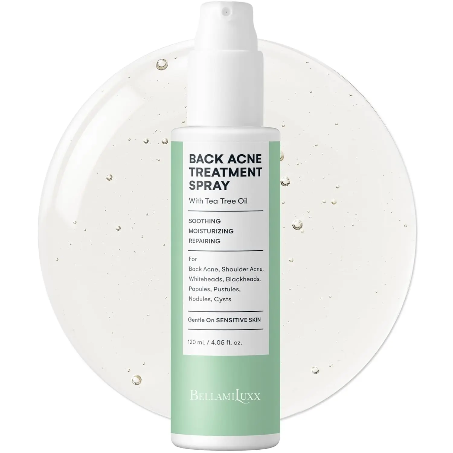 BellamiLuxx Back and Body Acne Treatment Spray with 2% Salicylic Acid & Tea Tree Oil, Liquid Skin Repair for Chest and Shoulders, Bacne Treatment for Men & Women, 4.05 fl oz, Acne Treatments