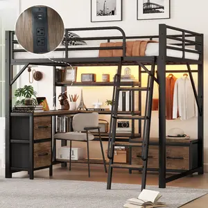 Full Queen Size Metal Loft Bed Frame - Bedroom Furniture with Desk, LED Lights, Storage Shelves, Wardrobe, Drawers, Space-Saving for Kids