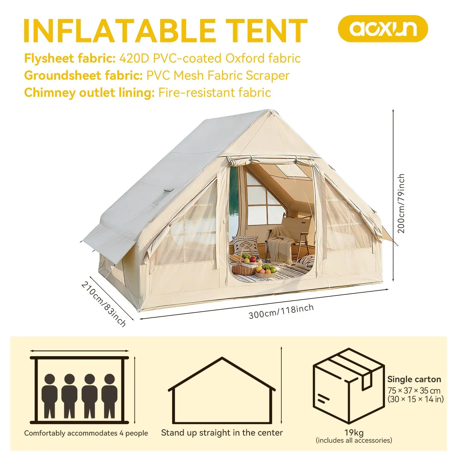Aoxun Inflatable Tent - 4-8 Person Family Oxford Fabric Shelter, Quick-Setup, Waterproof, Windproof, UV-Protected, Lightweight Portable for Camping, Beach, Festivals, Tents for Camping, Summervibes, Camping Tent