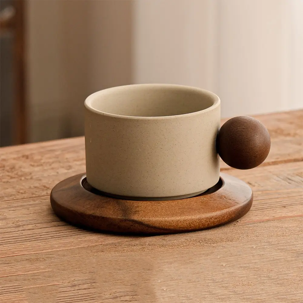 Retro ceramic coffee mug, Creative Cone coffee cup set elegant small- Solid wood handle and coaster - Suitable for home, restaurant, party and office use 250ml/8.45floz Coffee Drinkware