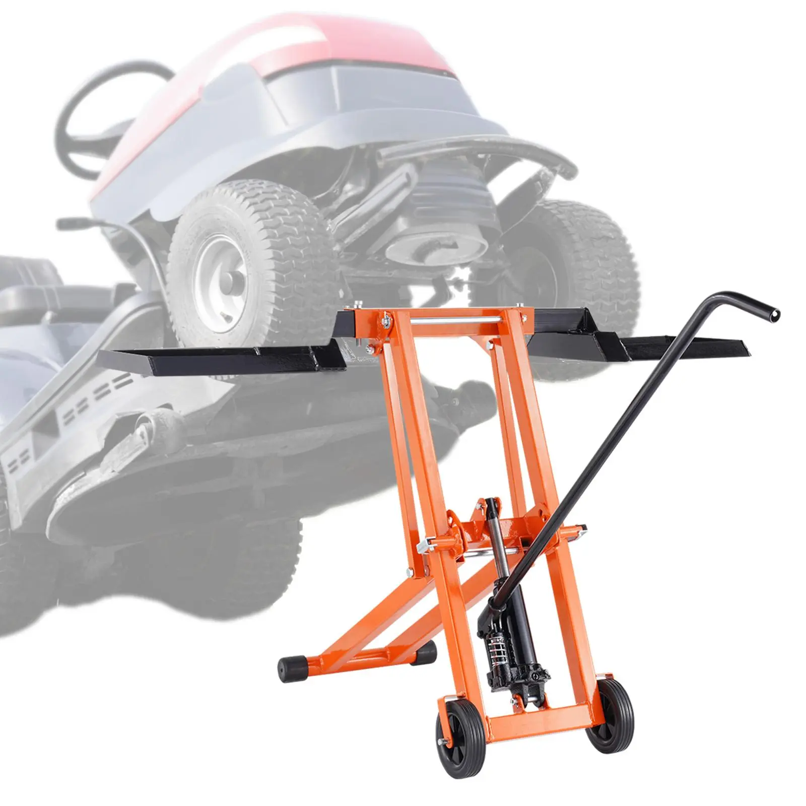 【BackToSchool】VEVOR Lawn Mower Lift with Hydraulic Jack, 500 Lbs Weight Capacity, Solid Carbon Steel Lawn Mower Lift, Adjustable Movable Lawn Lifter for Riding Tractors and Zero Turn Lawn Mowers, Orange , Portable